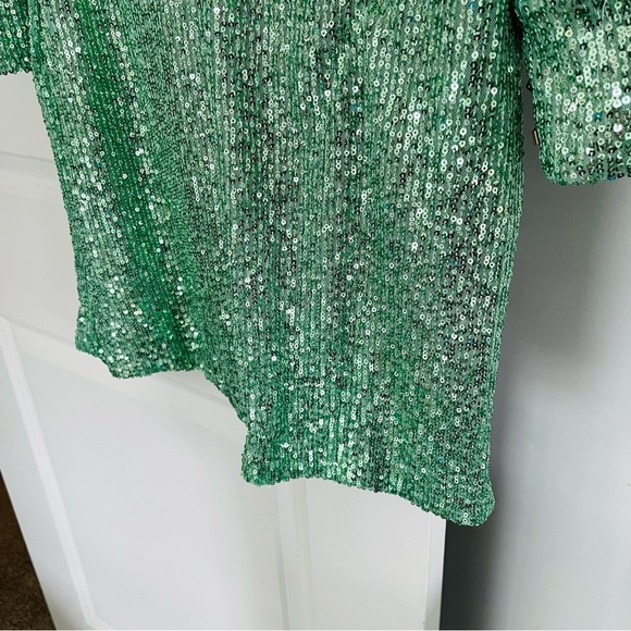 Ieena for Mac Duggal Green Sequined Mini Dress Bishop Sleeve Size 12 - Picture 10 of 16